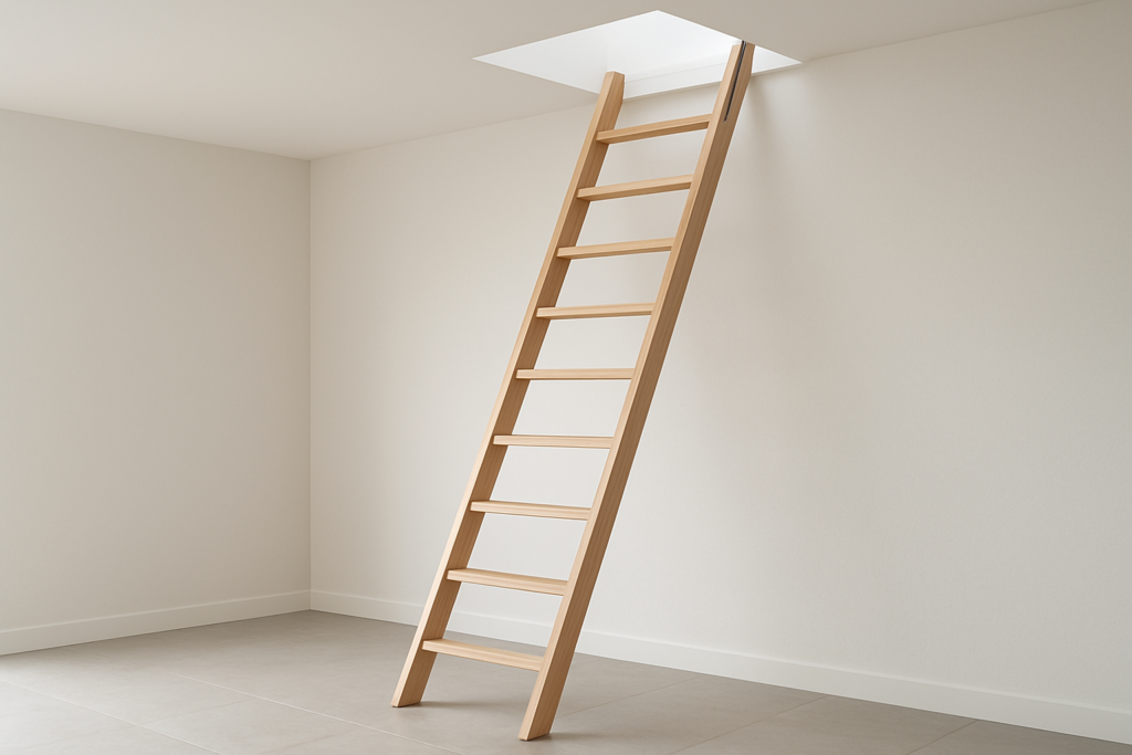 A wooden loft ladder extending towards a ceiling hatch in a minimalist room